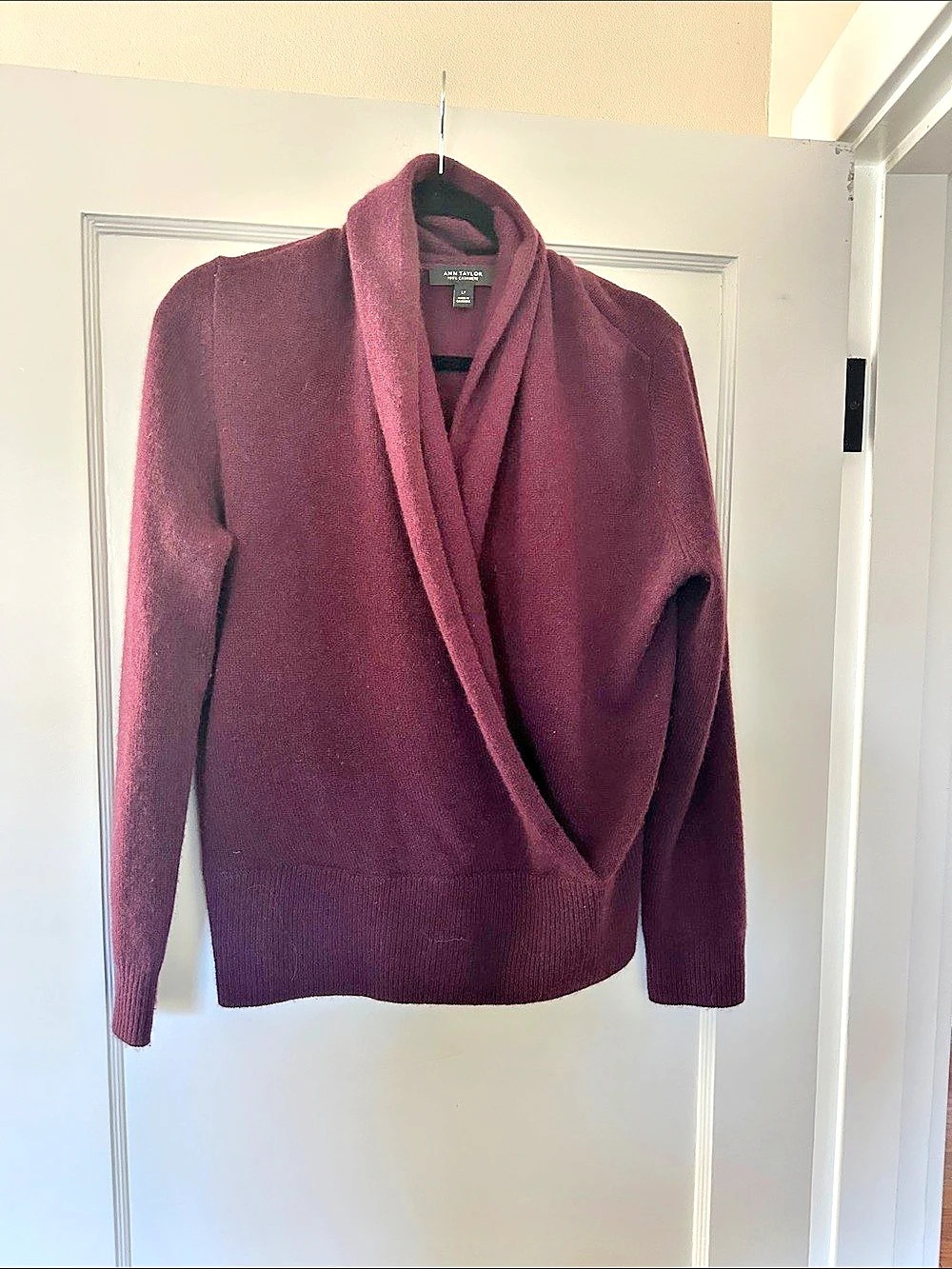 Ann Taylor 100% Cashmere Wrap Sweater Plum Color Large Petite